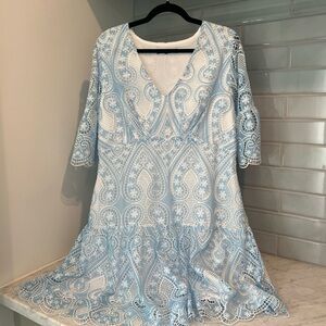 Boston Proper Light Blue and White Lace Fit-and-Flare Dress